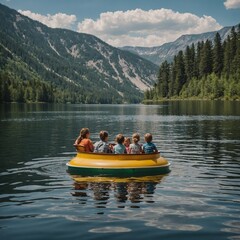 A family enjoying a paddleboat ride on a serene mountain lake.

