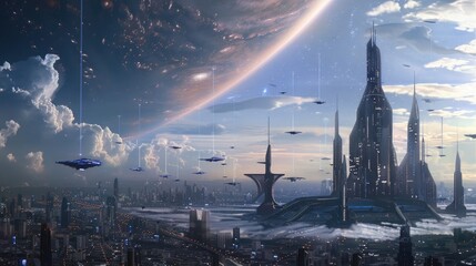 A futuristic city skyline, with sleek, modern architecture and flying vehicles against a backdrop...