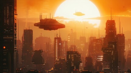A futuristic city skyline, with sleek, modern architecture and flying vehicles against a backdrop of a massive, rising sun.
