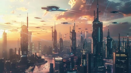 A futuristic city skyline, with sleek skyscrapers and flying vehicles against a dramatic sunset.