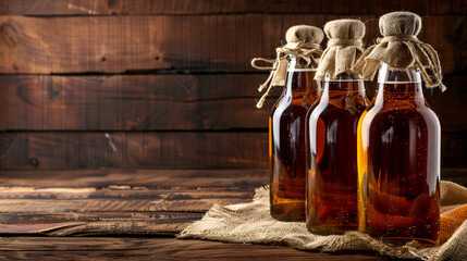 Bottles of delicious kvass on wooden table against bro