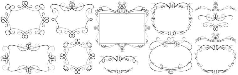 Set of contour vector decorative elements: frames, vignettes, borders, page dividers, banners with curls, hearts, bows, and flowers.