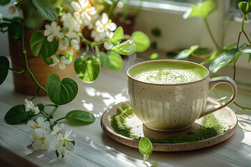 In a bright kitchen, matcha tea with milk is being prepared in a white cup on the table, with the vibrant green tea contrasting beautifully against the cup
