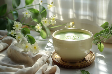 In a bright kitchen, matcha tea with milk is being prepared in a white cup on the table, with the vibrant green tea contrasting beautifully against the cup