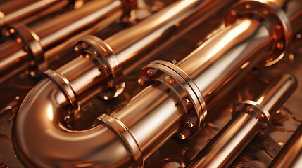 Naklejka premium A row of copper pipes are shown in a close up. The pipes are shiny and metallic, and they appear to be connected to one another. Concept of craftsmanship and attention to detail