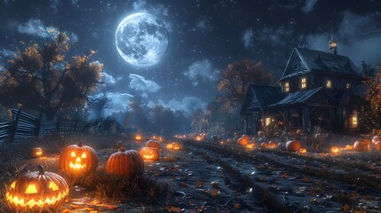 A Haunted Halloween Hayride Winding Through a Pumpkin Patch Under the Harvest Moon