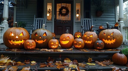 Fototapeta premium A Festive Autumnal Evening Carving Jackolanterns on the Porch