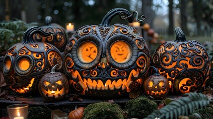 All Hallows Eve Intricate Designs Crafted into Glowing Pumpkins during Halloween Festivity