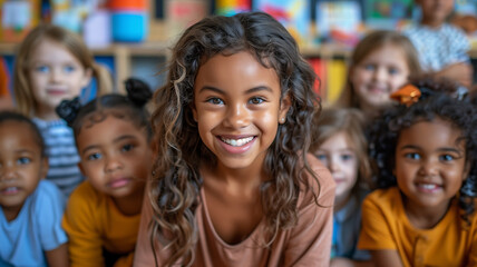 Fototapeta premium Smiling girl with curly hair in a colorful classroom with other children