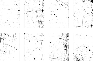 Overlay textures set stamp with grunge effect. Old damage Dirty grainy and scratches. Set of different distressed black grain texture. Distress overlay vector textures.	