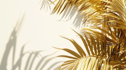 Golden tropical palms leaf shadow on a white background copy space.
