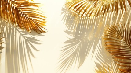 Golden tropical palms leaf shadow on a white background copy space.