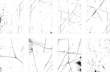 Old damage Dirty grainy and scratches. Set of different distressed black grain textures. Distress overlay vector textures.	