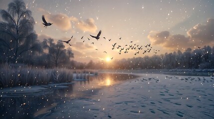 A flock of birds flying over a frozen lake during a snowstorm at sunset - Powered by Adobe