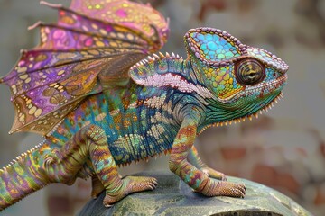 Obraz premium A vibrant chameleon perched on a rock. Suitable for nature and wildlife themes