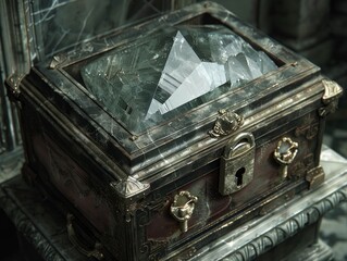 A shattered glass cover reveals large, intricate crystals inside an old, ornate wooden chest, evoking feelings of mystery, history, and potential treasure