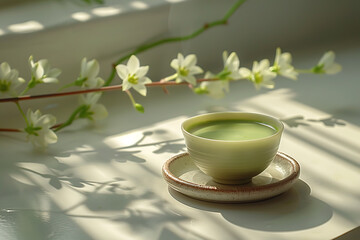 In a bright kitchen, matcha tea with milk is being prepared in a white cup on the table, with the vibrant green tea contrasting beautifully against the cup