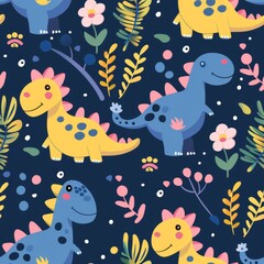Seamless Pattern Cute Dinosaurs