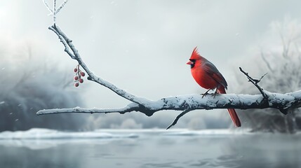 A red bird sitting on branch in snow - Powered by Adobe