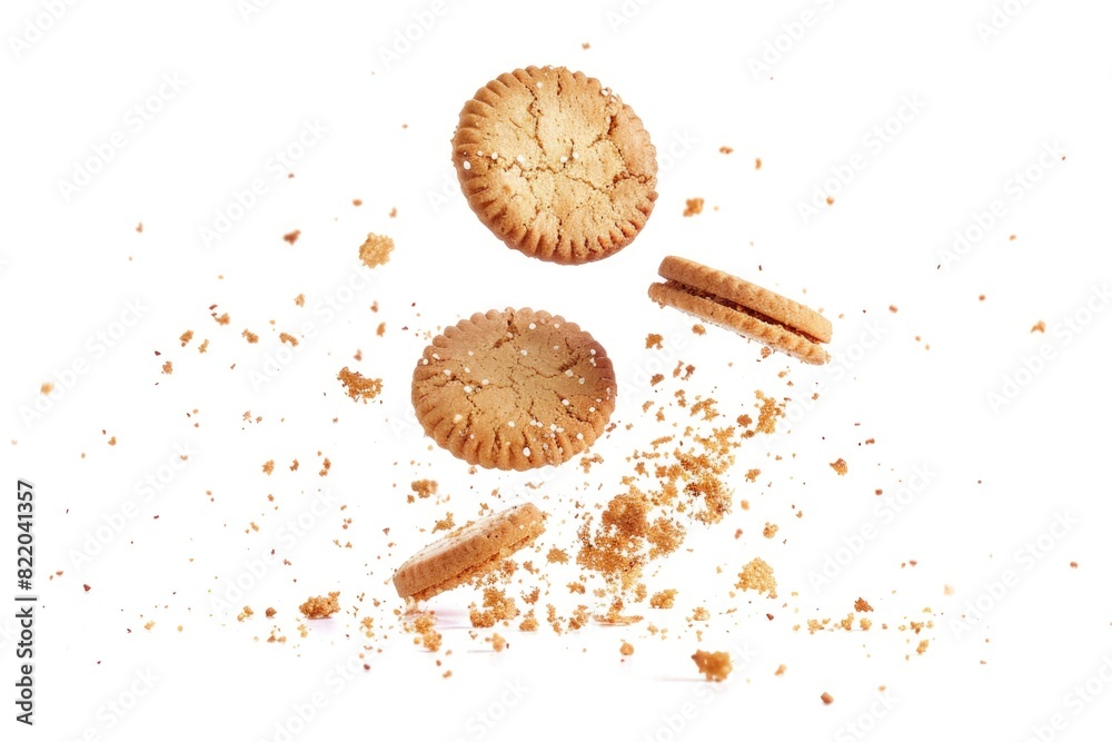 Poster two cookies and cookie crumbs on a white surface, suitable for food and baking concepts