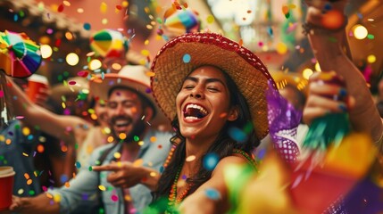 People in sombreros and shaking maracas celebrate with confetti in the air at a lively Cinco de Mayo fiesta