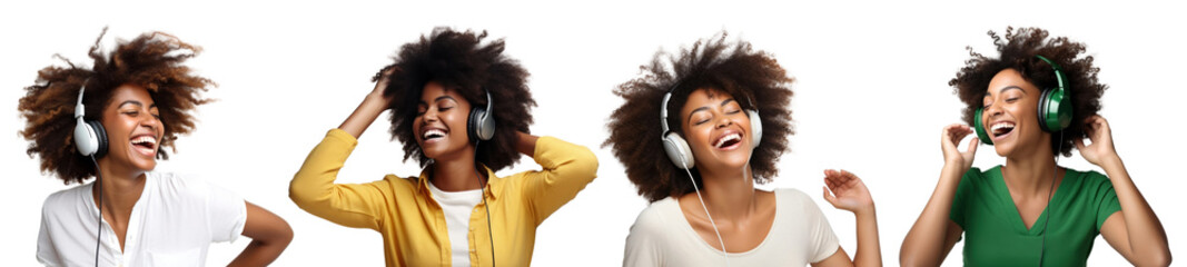 Women listening music png element set on transparent background