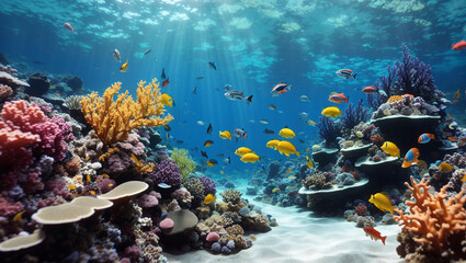 . The coral is colorful and the water is blue and clear.

