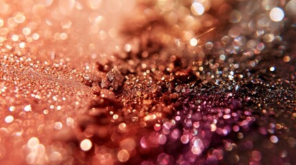 Detailed view of a shimmering eyeshadow palette featuring rich pigments and fine shimmer particles in pink and gold hues