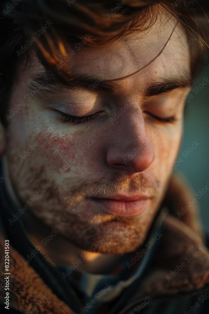 Poster close-up of a man with closed eyes. suitable for various projects