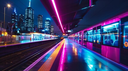 A modern train station at night, with neon lights illuminating the platforms and a train parked on the tracks