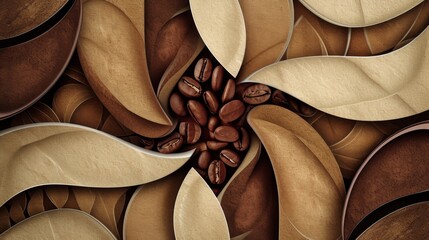 A visually striking abstract design featuring coffee beans at the center of whirling tan and brown leaf patterns on a brown background.