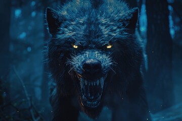 A fierce wolf snarling in the woods, suitable for wildlife themes