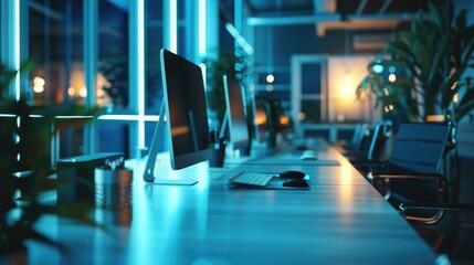 A row of computers on a wooden desk, suitable for technology concepts