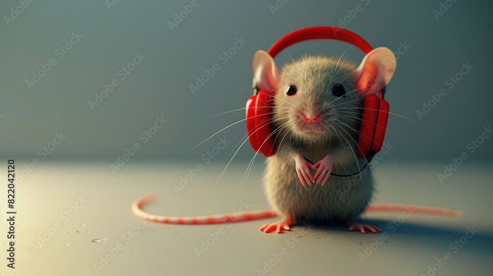 Poster a mouse with headphones sitting on a table. suitable for technology and music concepts