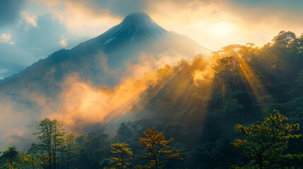 An inspirational shot of a mountain peak shrouded in fog with sunlight breaking through, viewed from a dense forest, representing overcoming business challenges