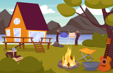 Cartoon camping. Summer nature scene with house, tent and bonfire. Family camping evening time. Tent, fire, forest and rocky mountains background