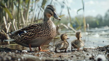 A mother duck with her two young ducklings. Suitable for family and nature themes