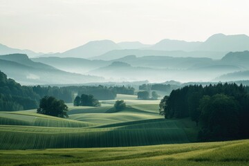 Mountain Landscape with Sky: A serene scene of misty mountains, green hills, and a vibrant sky at sunrise, showcasing the beauty of nature