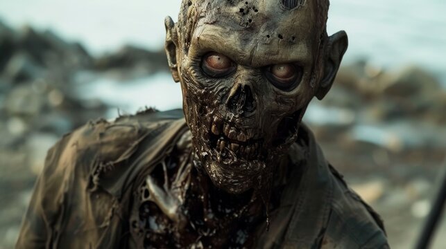 Hyper-realistic depiction of a zombie crawling on a rocky terrain, with detailed makeup showing decay and horror.
