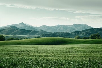 Mountain Landscape with Sky: A serene scene of misty mountains, green hills, and a vibrant sky at sunrise, showcasing the beauty of nature