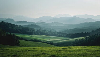 Obraz premium Mountain Landscape with Sky: A serene scene of misty mountains, green hills, and a vibrant sky at sunrise, showcasing the beauty of nature