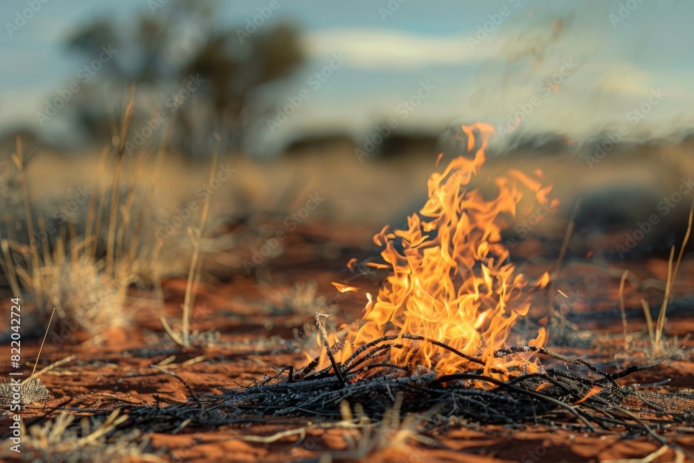Poster a fire burning in a dry grass field. suitable for environmental or emergency concepts