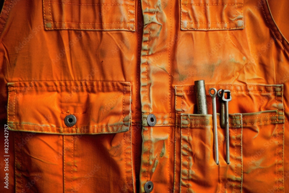 Poster A close-up image of an orange jacket with a pair of scissors in the pocket. Suitable for fashion or DIY concepts