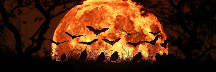 Fototapeta premium Halloween Bats Flocking Around the Full Moon in a Haunted Graveyard
