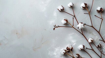 Branch with cotton flowers on light grey background cl