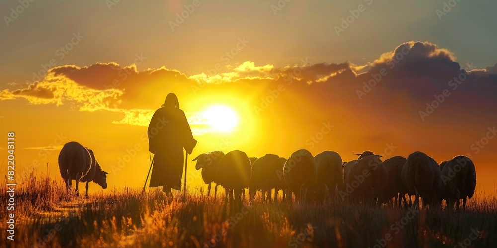 Poster a person standing in a field with a herd of sheep. suitable for agricultural or rural concepts
