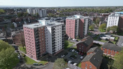 Orbit aerial view of apartment blocks in City of Chester, Cheshire, England