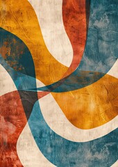 Modern Hanging Print: Aqua Blue, Burnt Orange, and Gold Art, Curves, Soft Shapes, Beige Background