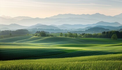 Naklejka premium Mountain Landscape with Sky: A serene scene of misty mountains, green hills, and a vibrant sky at sunrise, showcasing the beauty of nature