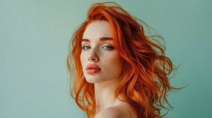 A woman with vibrant red hair is featured in a close-up shot against a soft mint green pastel...
